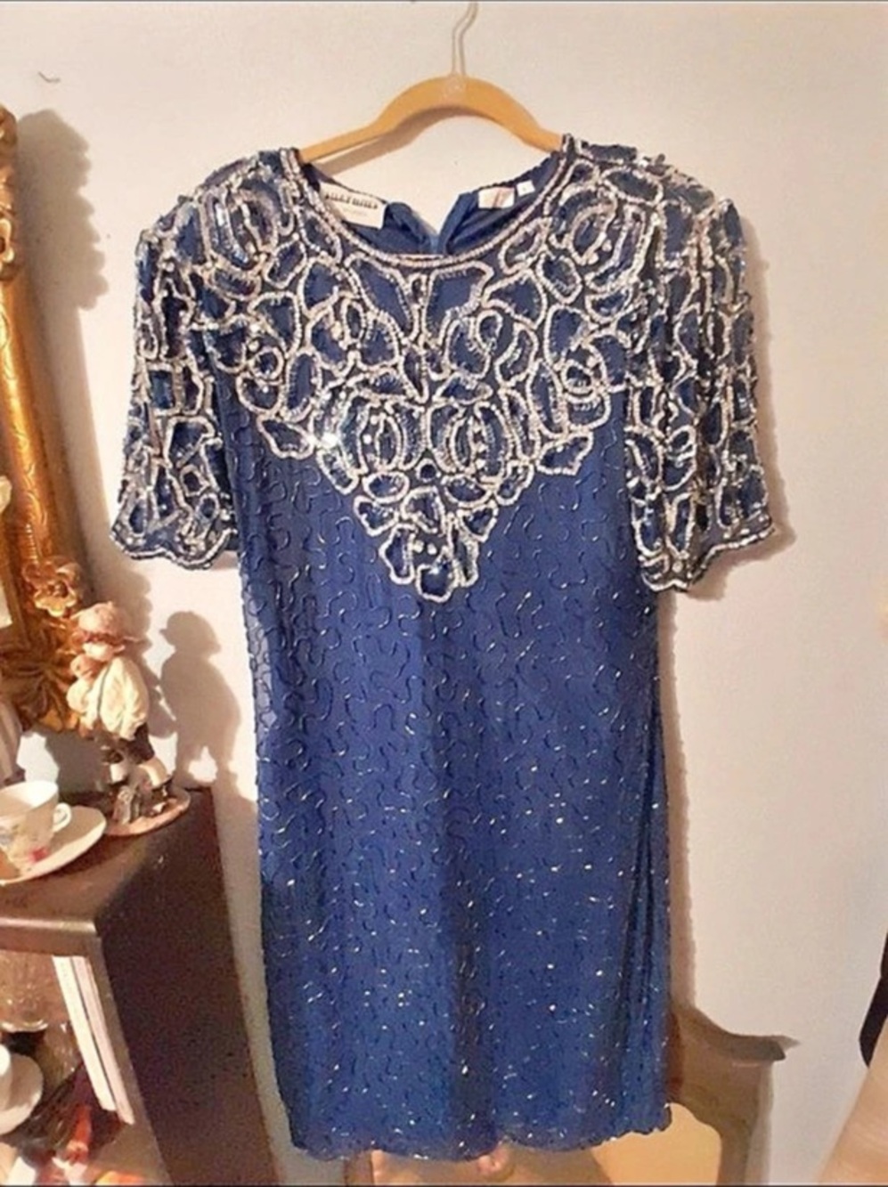 Scala Beaded Embellished Mini Dress in Blue & Silver